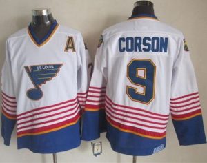 Blues #9 Shayne Corson White Light Blue CCM Throwback Stitched NHL Jersey