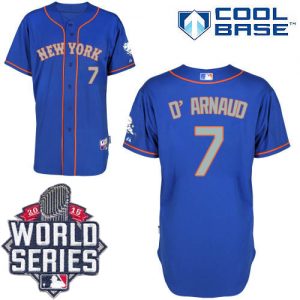 Mets #7 Travis d'Arnaud Blue(Grey NO.) Alternate Road Cool Base W 2015 World Series Patch Stitched MLB Jersey