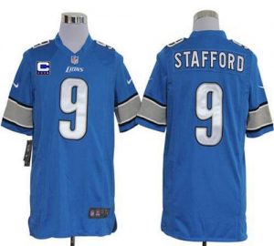 Nike Lions #9 Matthew Stafford Blue Team Color With C Patch Men's Embroidered NFL Game Jersey