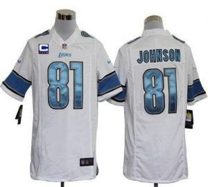 Nike Lions #81 Calvin Johnson White With C Patch Men's Embroidered NFL Game Jersey