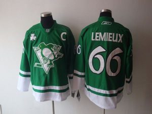 Penguins #66 Mario Lemieux Embroidered Green St Patty's Day NHL Jersey