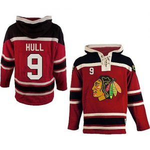 Blackhawks #9 Bobby Hull Red Sawyer Hooded Sweatshirt Embroidered NHL Jersey