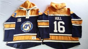 Blues #16 Brett Hull Navy Blue Gold Sawyer Hooded Sweatshirt Stitched NHL Jersey