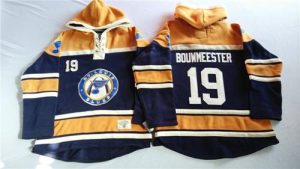 Blues #19 Jay Bouwmeester Navy Blue Gold Sawyer Hooded Sweatshirt Stitched NHL Jersey