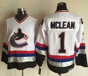 Canucks #1 Kirk Mclean White Black CCM Throwback Stitched NHL Jersey