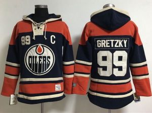 Edmonton Oilers #99 Wayne Gretzky Navy Blue Women's Old Time Lacer NHL Hoodie