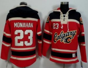 Flames #23 Sean Monahan Red Black Sawyer Hooded Sweatshirt Stitched NHL Jersey