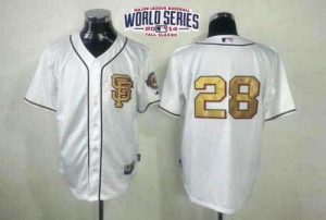 Giants #28 Buster Posey Cream Gold No. W 2014 World Series Patch Stitched MLB Jersey