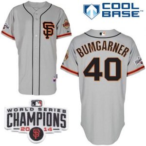 Giants #40 Madison Bumgarner Grey Road 2 Cool Base W 2014 World Series Champions Patch Stitched MLB Jersey