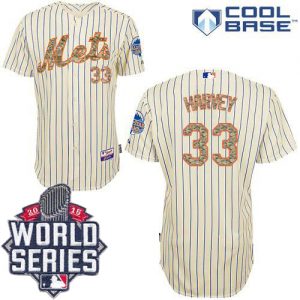 Mets #33 Matt Harvey Cream(Blue Strip) USMC Cool Base W 2015 World Series Patch Stitched MLB Jersey