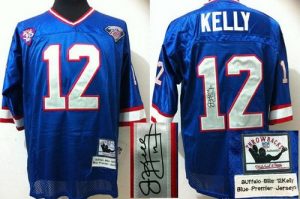 Mitchell And Ness Autographed Bills #12 Jim Kelly Blue(35th) Embroidered Throwback NFL Jersey