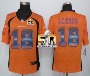 Nike Broncos #18 Peyton Manning Orange Team Color Super Bowl 50 Men's Stitched NFL Limited Strobe Jersey