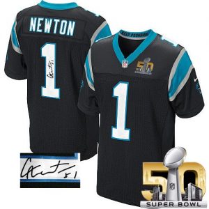 Nike Panthers #1 Cam Newton Black Team Color Super Bowl 50 Men's Stitched NFL Elite Autographed Jersey