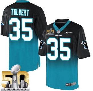 Nike Panthers #35 Mike Tolbert Black Blue Super Bowl 50 Men's Stitched NFL Elite Fadeaway Fashion Jersey