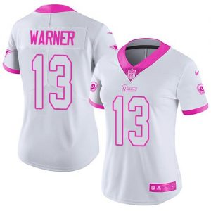 Nike Rams #13 Kurt Warner White Pink Women's Stitched NFL Limited Rush Fashion Jersey