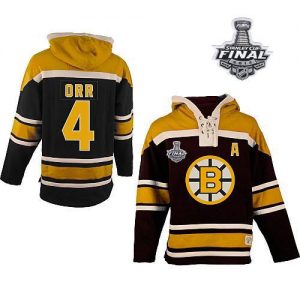 Bruins Stanley Cup Finals Patch #4 Bobby Orr Black Sawyer Hooded Sweatshirt Embroidered NHL Jersey