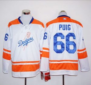 Dodgers #66 Yasiel Puig White Orange Long Sleeve Stitched MLB Jersey