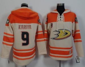 Ducks #9 Paul Kariya Cream Orange Sawyer Hooded Sweatshirt Stitched NHL Jersey