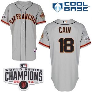 Giants #18 Matt Cain Grey W 2014 World Series Champions Patch Stitched MLB Jersey