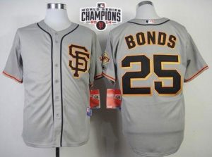 Giants #25 Barry Bonds Grey Road 2 Cool Base W 2014 World Series Champions Patch Stitched MLB Jersey