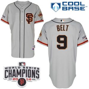 Giants #9 Brandon Belt Grey Road 2 Cool Base W 2014 World Series Champions Patch Stitched MLB Jersey