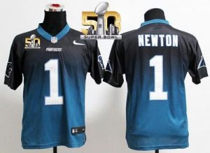 Nike Panthers #1 Cam Newton Black Blue Super Bowl 50 Men's Stitched NFL Elite Fadeaway Fashion Jersey