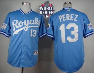 Royals #13 Salvador Perez Light Blue 1985 Turn Back The Clock W 2015 World Series Patch Stitched MLB Jersey