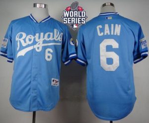 Royals #6 Lorenzo Cain Light Blue 1985 Turn Back The Clock W 2015 World Series Patch Stitched MLB Jersey