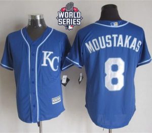 Royals #8 Mike Moustakas Blue Alternate 2 New Cool Base W 2015 World Series Patch Stitched MLB Jersey