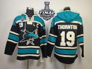 Sharks #19 Joe Thornton Black Sawyer Hooded Sweatshirt 2016 Stanley Cup Final Patch Stitched NHL Jersey